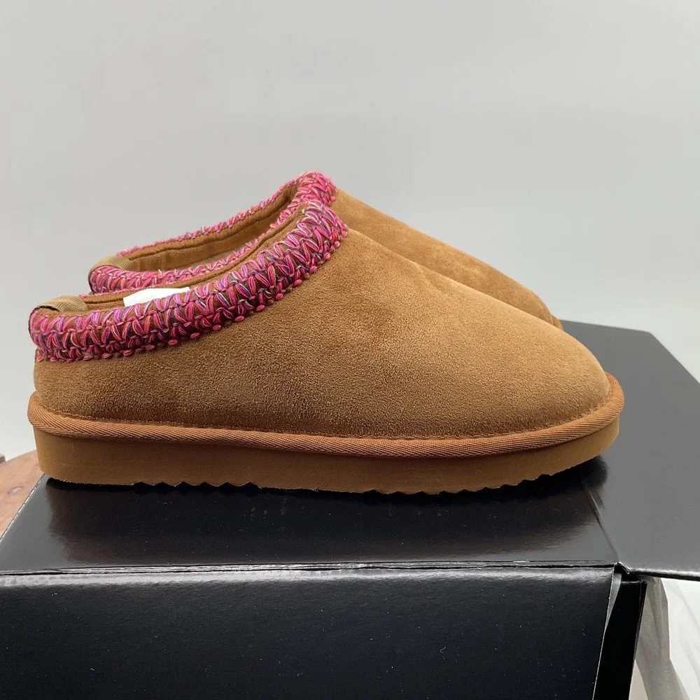Steve Madden Kids Chestnut Suede Slippers Pink Purple Braided Trim Slip On